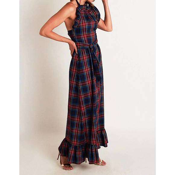NEW CK BRADLEY dove maxi dress in navy plaid - Picture 2 of 3